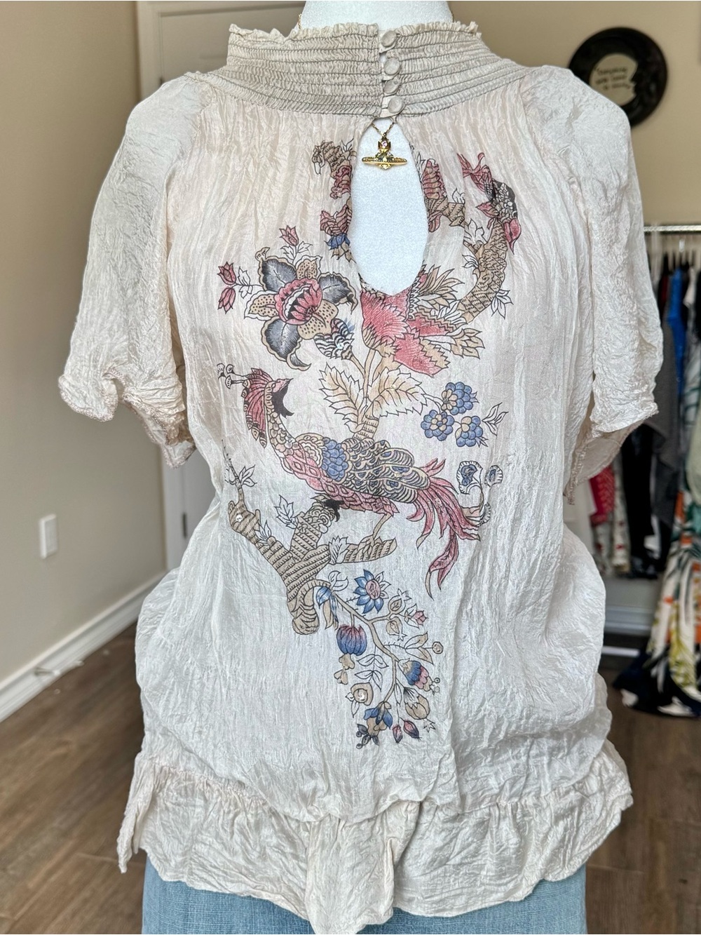 Derhy Cream Floral-Keyhole Silk Vintage Boho Women's Small Fall Blouse